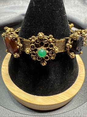 VTG Sources Unknown Gold-Tone Filigree Bracelet with Green and Brown Cabochons